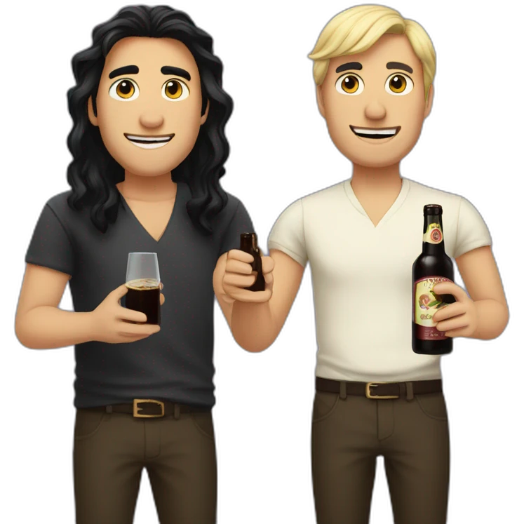 two men, one with long black hair, one with short blonde hair, both holding a bottle of fernet emoji