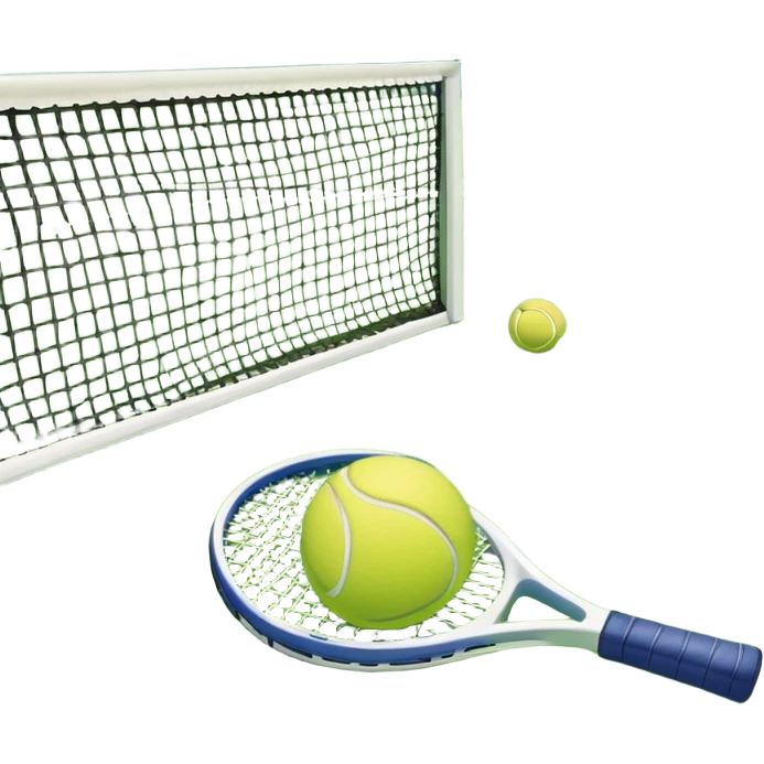 A tennis racket and a ball placed on the ground, with a tennis court in the background. The court lines and net are visible, emphasizing the structure and focus of the sport, creating a dynamic and energetic vibe. emoji