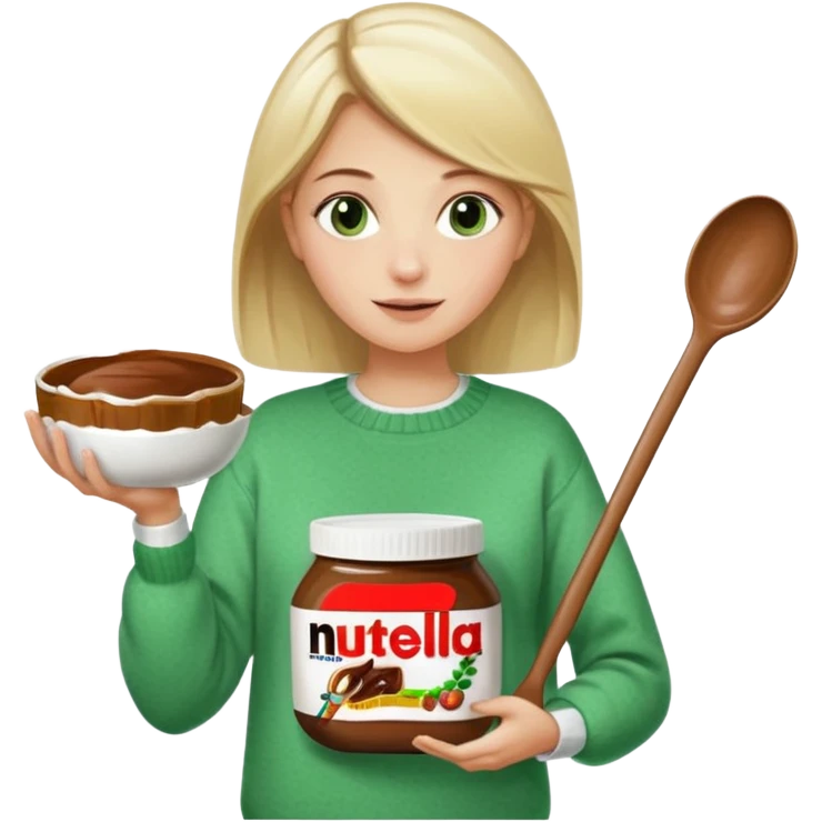 Blond woman with white and green pullover holds in one hand a big carriage of Nutella and in the other hand a oversized spoon which is in the carriage of Nutella emoji