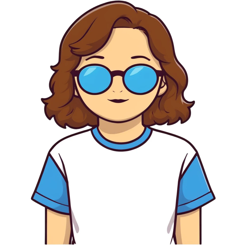 girl with blue eyes and waivy brown hair with golden glasses wearing a big t-shirt emoji
