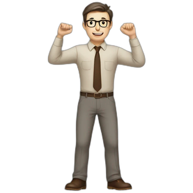 To belt Actively gesturing with hands Pale skinned fit man with dark brown hair in gray jacket, beige office shirt, brown tie, brown pants and vintage glasses. emoji