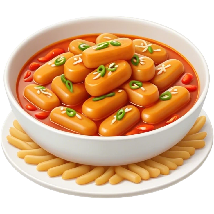 Cinematic Realistic Tteokbokki Dish Emoji, showcasing spicy, chewy rice cakes in a fiery sauce rendered with lifelike detail and bold, dynamic lighting. emoji