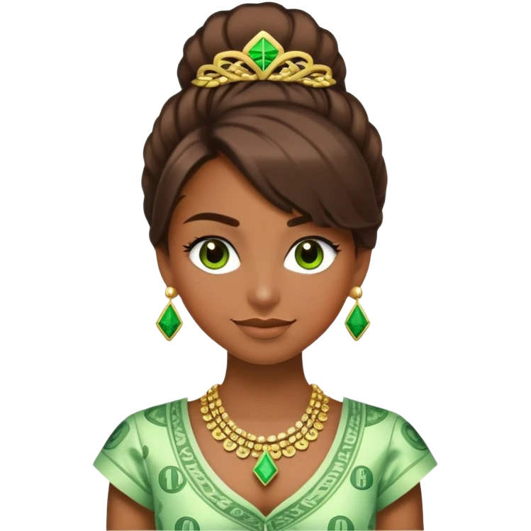 A girl whose hair and clothing is made of green money, and her eyelashes are made of dollar signs. Half her face is smiling and the other is frowning. The side that is frowning has the money hair and clothes and dollar sign eyelashes, and the side that is smiling has nice brown hair and eyelashes and fancy clothes and jewelry. emoji