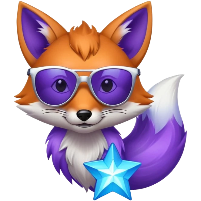 A cool fox with purple-blue fur, a glowing tail, a silver star on its forehead, and round glasses replaced by stylish sunglasses, looking confident. 🦊😎 emoji
