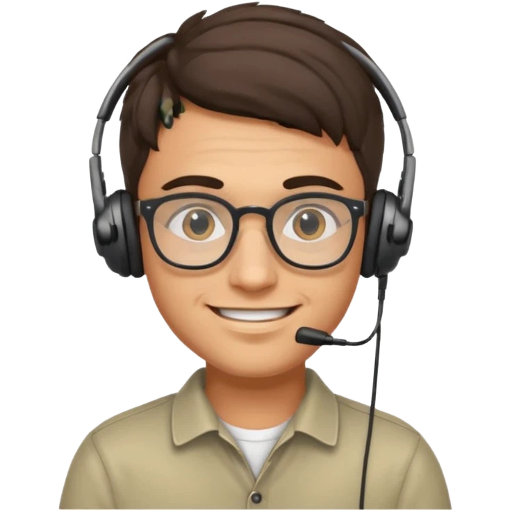 smiling young Italian man, focused, wearing glasses and small headphones, data analyst emoji