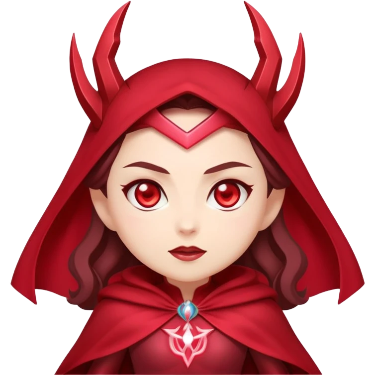 "A chibi-style Scarlet Witch emoji with glowing red eyes and a mystical aura around her hands. She wears a dark red headpiece and a flowing red cape, with a confident and slightly mischievous expression. The background is minimal, focusing on her magical energy." emoji