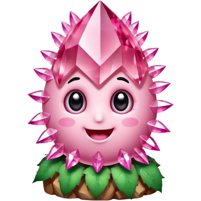 A single cute pink crystal cluster character, chunky round base with many tall rose-pink crystal spikes growing upward like a quartz cluster, faceted and slightly imperfect, on the front of the base a kawaii face with big shiny eyes and a happy open smile very shiny emoji