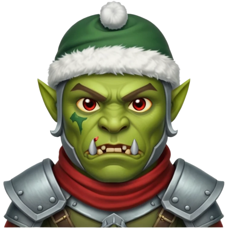 Fantasy Christmas orc legion soldier icon, iron tundra army theme, heavy winter armor, disciplined brutal look, cold steel color palette, emoji portrait, male/female variant
 emoji