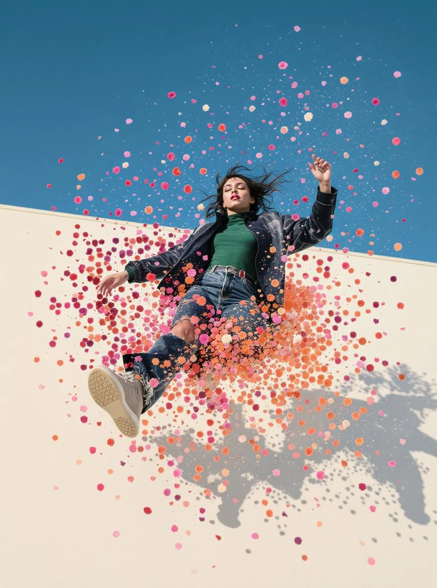 Closeup photo of a woman falling around explosion of a colorfull flowers wearing alternative fashion, blue sky minimalistic background emoji