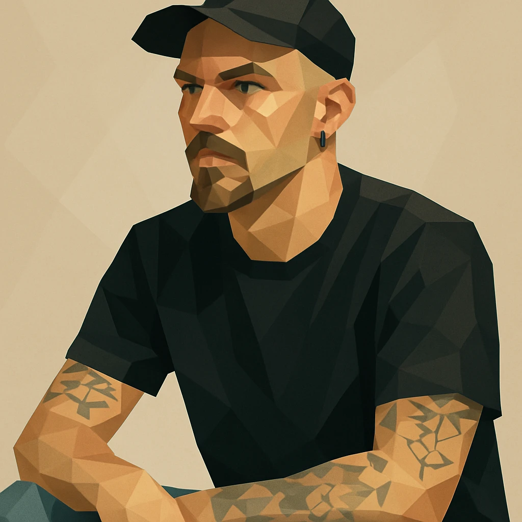 a man with a shaved head, goatee, pierced ear, and green eyes, wearing a black baseball cap, black shirt, jeans, and tattoos on one arm, in a modern illustrated style emoji