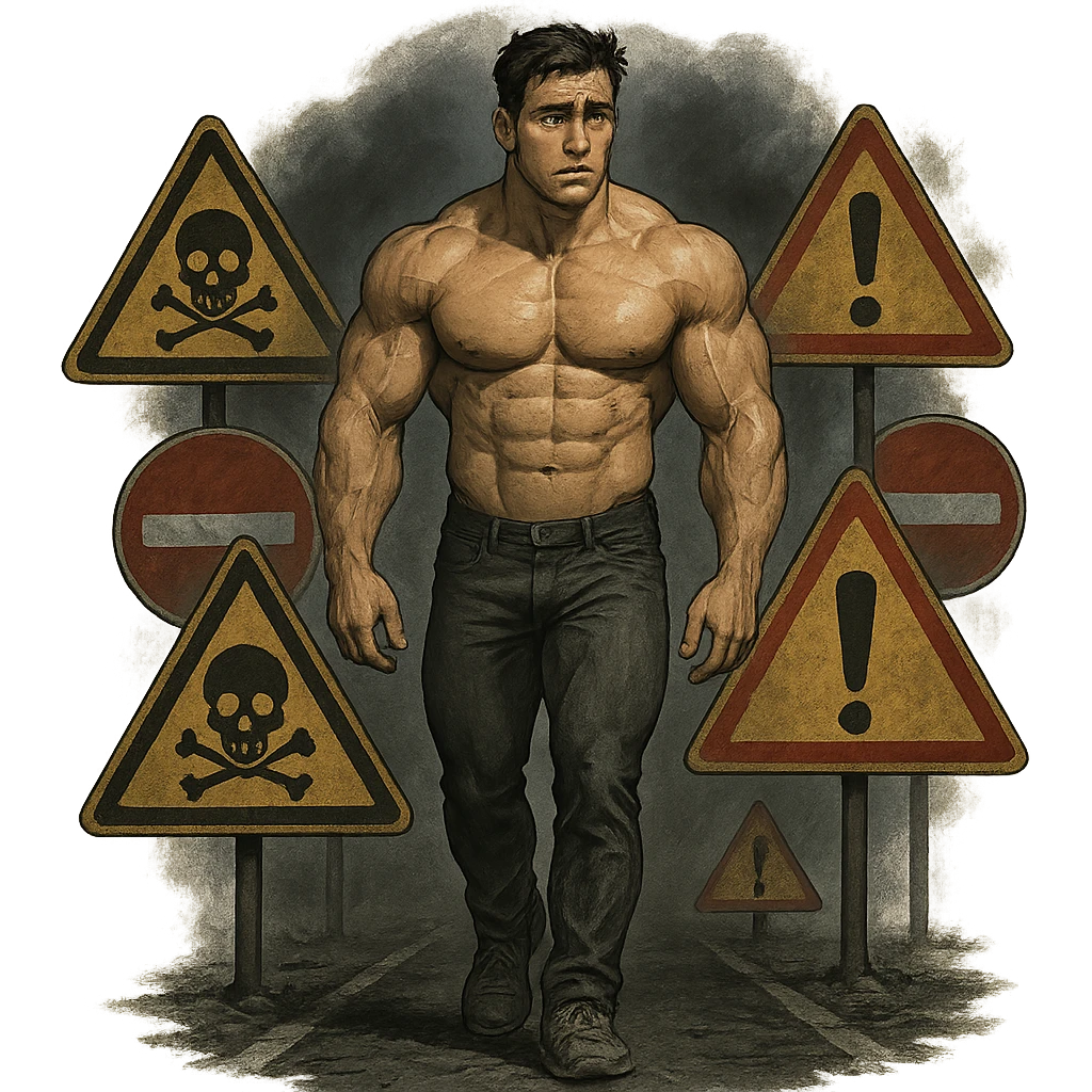 young muscular bodybuilder walking on a road full of warning signs including skull, red exclamation mark, and prohibition signs, worried expression, dark atmosphere, isolated on white background emoji
