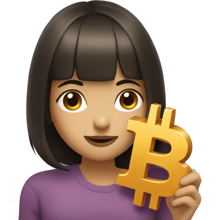 beautiful girl with dark brown hair and bangs hugging bitcoin emoji