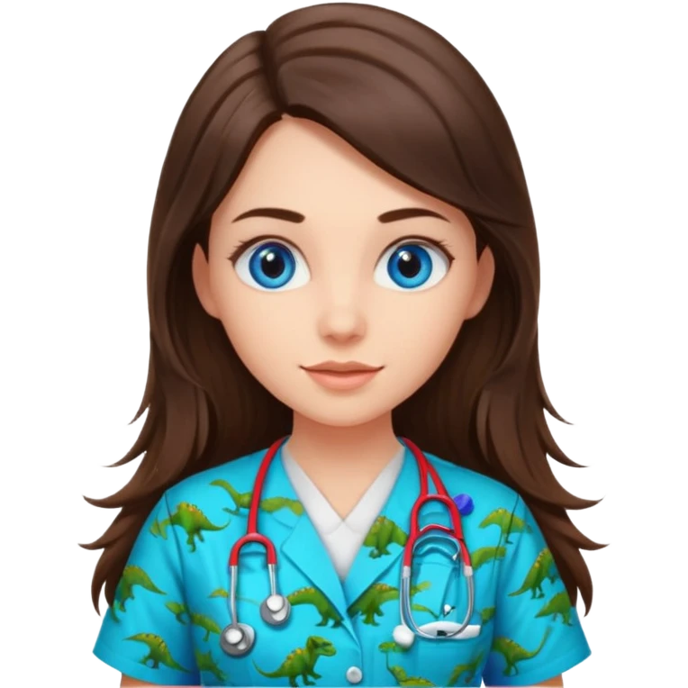 pretty brunette nurse with long hair and blue eyes in dinosaur pattern scrubs emoji
