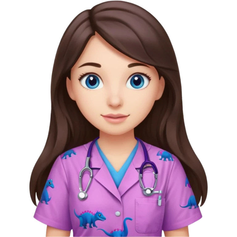 pretty brunette nurse with long hair and blue eyes in pink and purple dinosaur pattern scrubs emoji