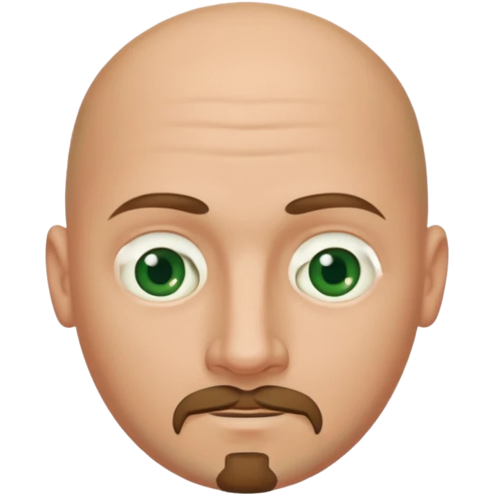white caucasian bald man's face, with brown  round goatee and dark green eyes, oval face, rounded, big, little eyes a small smile emoji
