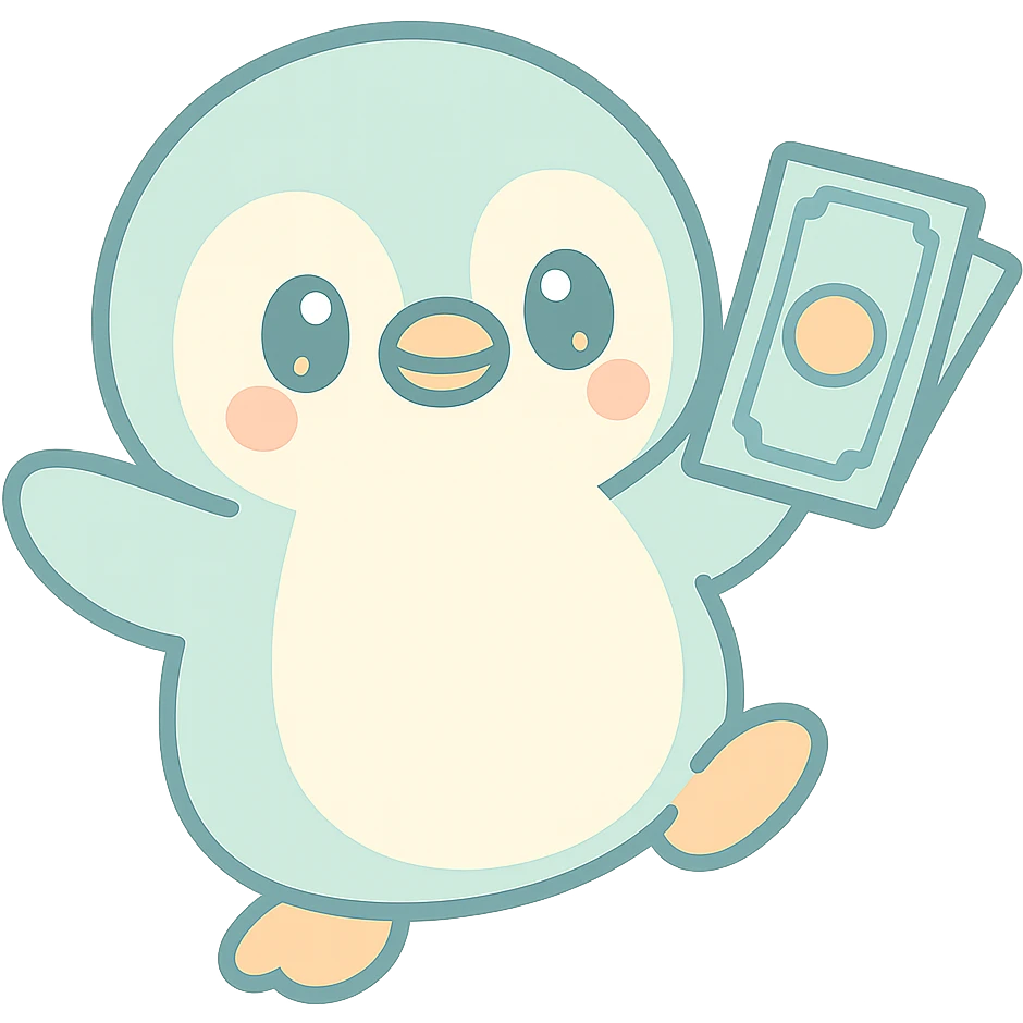 a dancing penguin holding money, cute cartoon style emoji