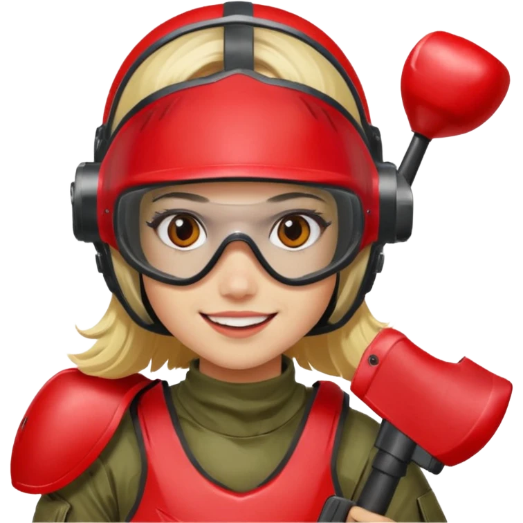 blond girl playing paintball with red paintball helmet with eye protection, only face emoji