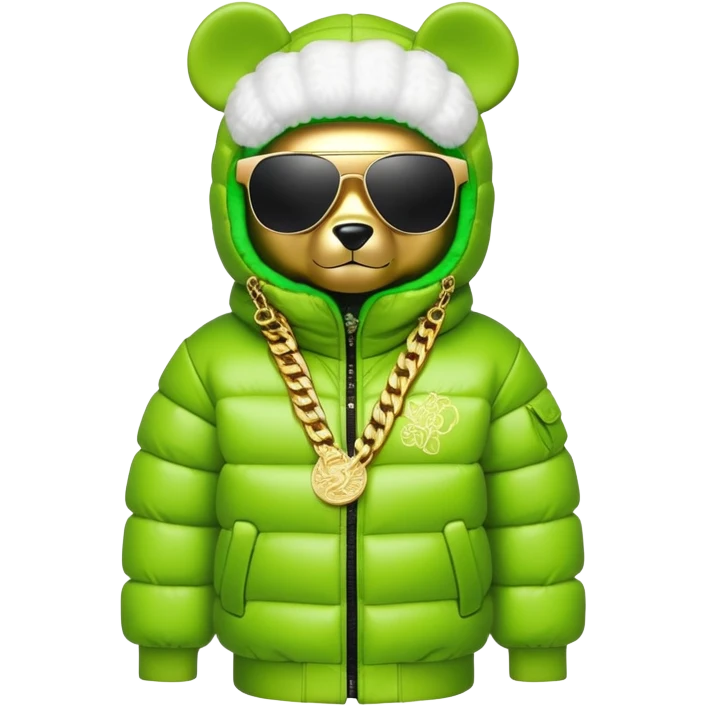 bearbrick figure with lime green grafitti-covered balaclava, voluminous puffer jacket with fur trim, single-piece wrap-around sunglasses, heavy gold chains, luxury streetwear style emoji