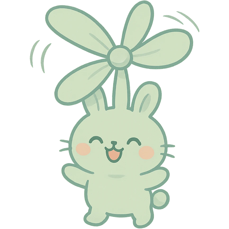 kawaii bunny-fan hybrid, ears spinning like fan blades, pastel green, cheerful, full-body emoji