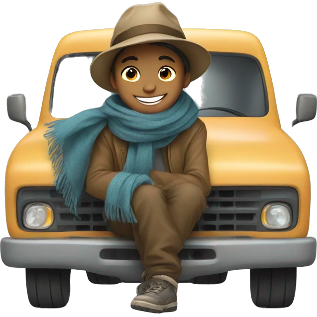 smiling boy in hat and scarf sitting in a truck bed emoji