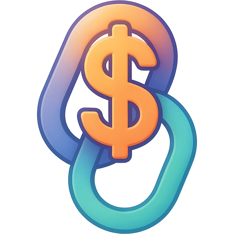 a dollar sign merged with a chain link, forming a unified symbol, in the style of Airbnb's softly shaded, semi-realistic, colorful icons, designed for clarity at small button size emoji