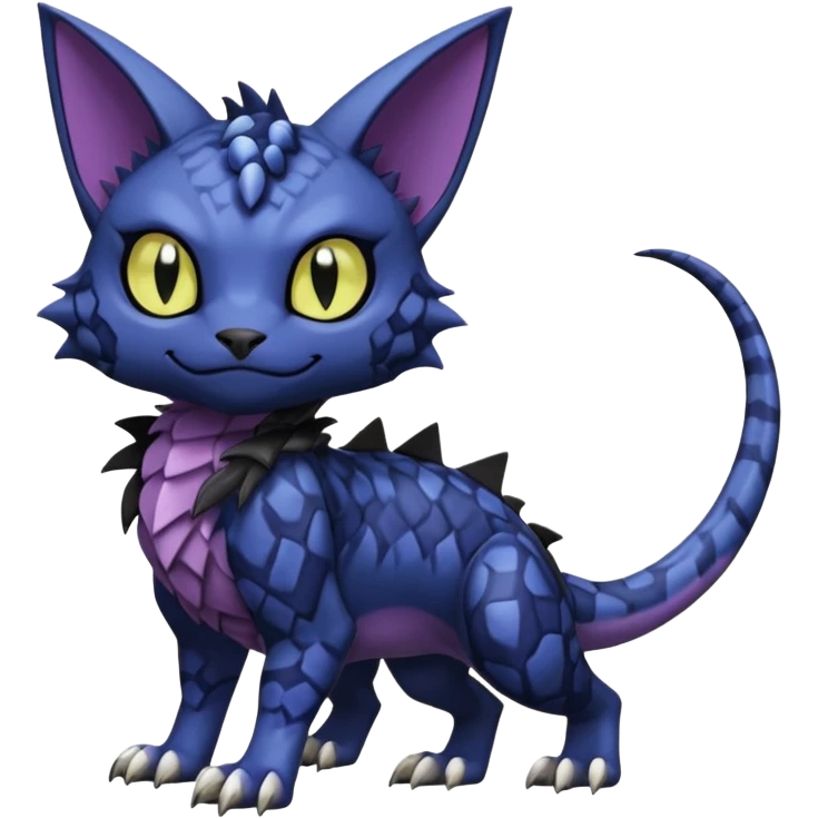 midnight blue-gray-black, scaley scaly batty feline-like quadrupedal digitigrade furry feral Bastet-Noibat-Gatomon-Garchomp-Digimon-Fakémon-Pokémon-creature (full body) emoji
