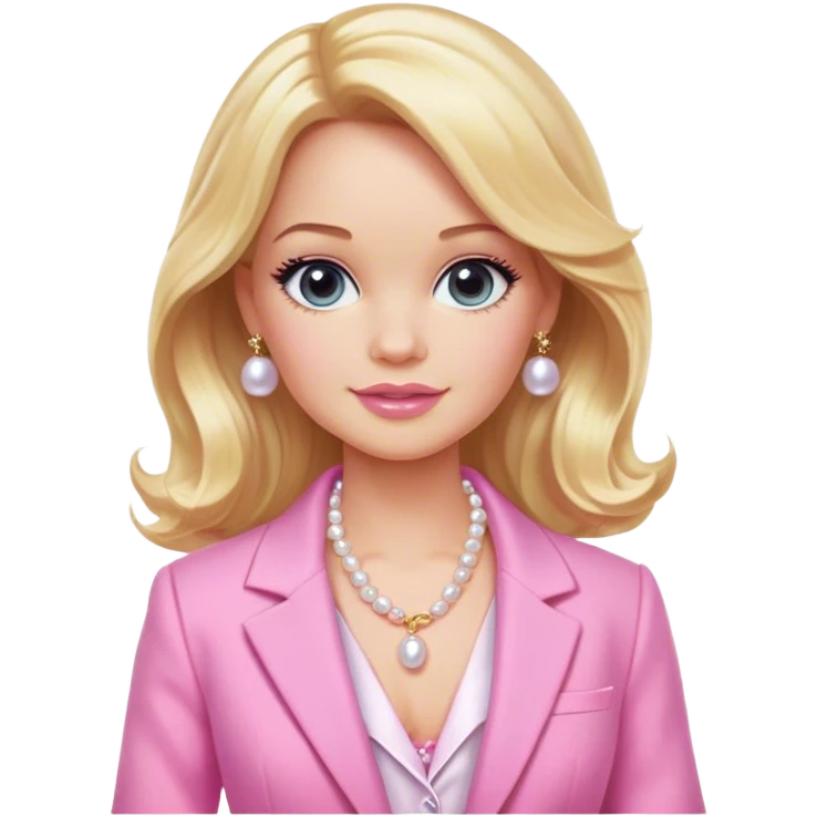 Elle woods with wavy blonde hair , a baby pink blazer with a white undershirt, pink Barbie makeup on, and a pearl necklace.  emoji