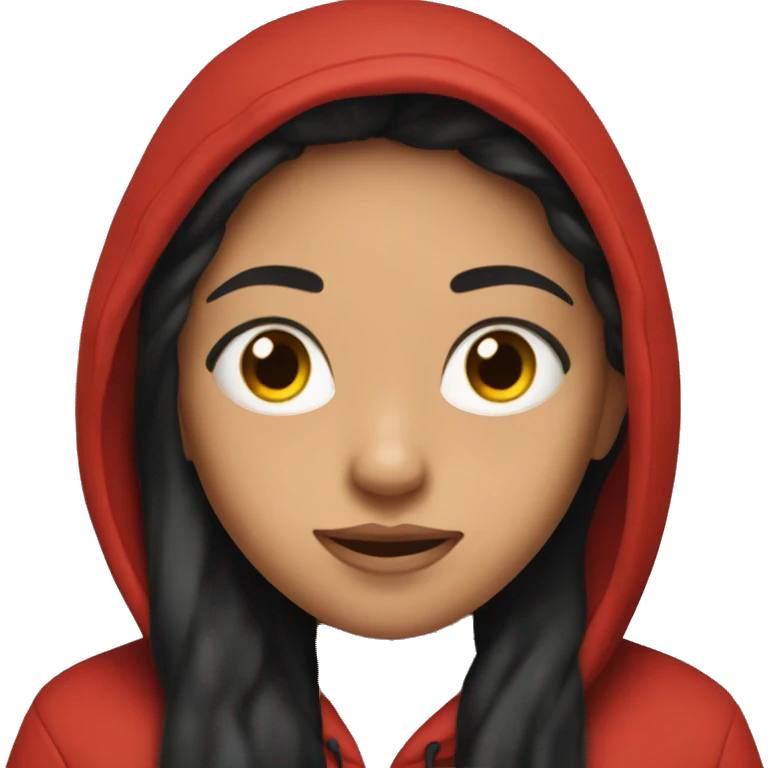 Girl with long black hair wearing a red hoodie that says YAEY emoji
