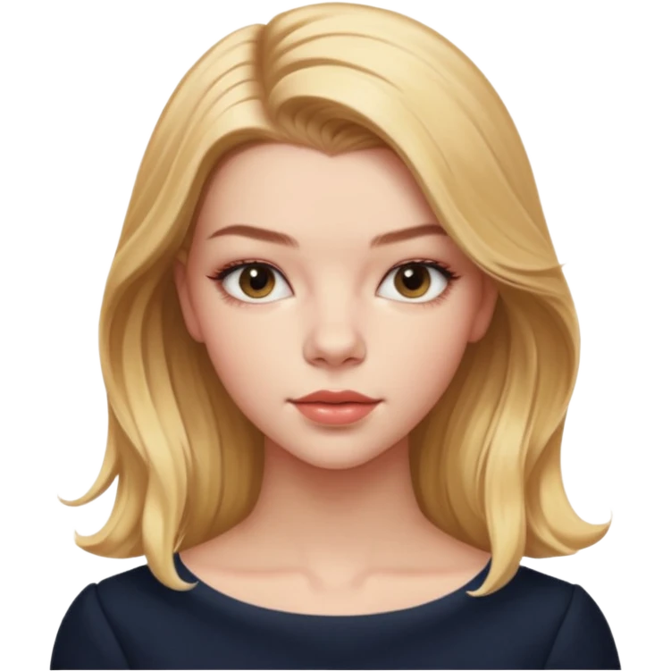 Cinematic Realistic Anya Taylor Joy Portrait, depicted with lifelike skin texture, subtle rosy undertones, and soft natural lighting that enhances the gentle contours of her face. Her intricately detailed golden blonde hair is elegantly. emoji