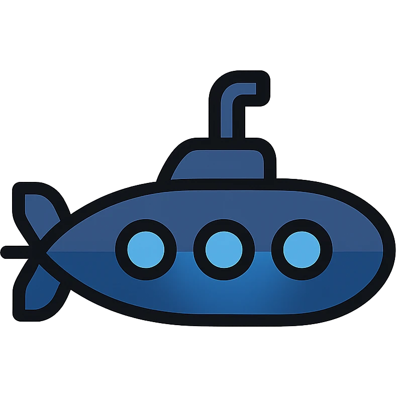A submarine icon with a sleek, modern design, featuring a dark blue body with a lighter blue accent stripe, and a small periscope on top. emoji