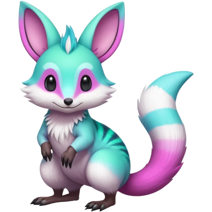 Iridescent Neon Green-Cyan-Magenta-gradients Minccino-Emolga-Numbat-Sergal-fusion-hybrid-animal-creature, full body emoji