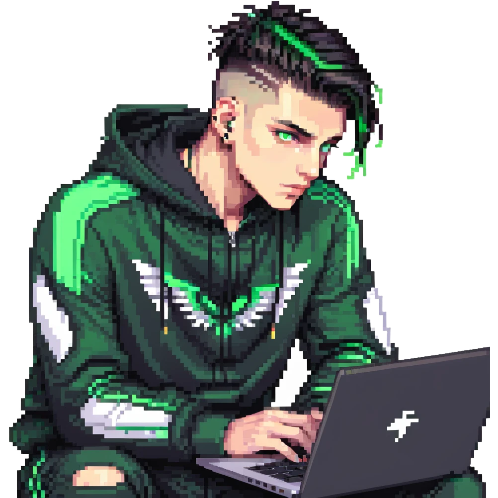 male with dark hair, wearing a black palm angels tracksuit, high fade haircut, slick back hairstyle, green eyes, green aura, coding on black laptop emoji
