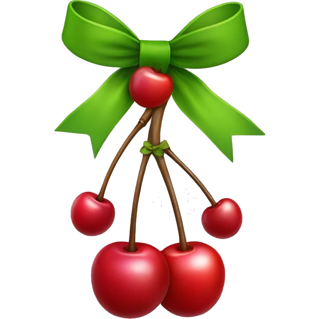 A gift bow with two short strings hanging down. From the center of the bow, two cherry stems with cherries dangle down, as if they are part of the bow emoji