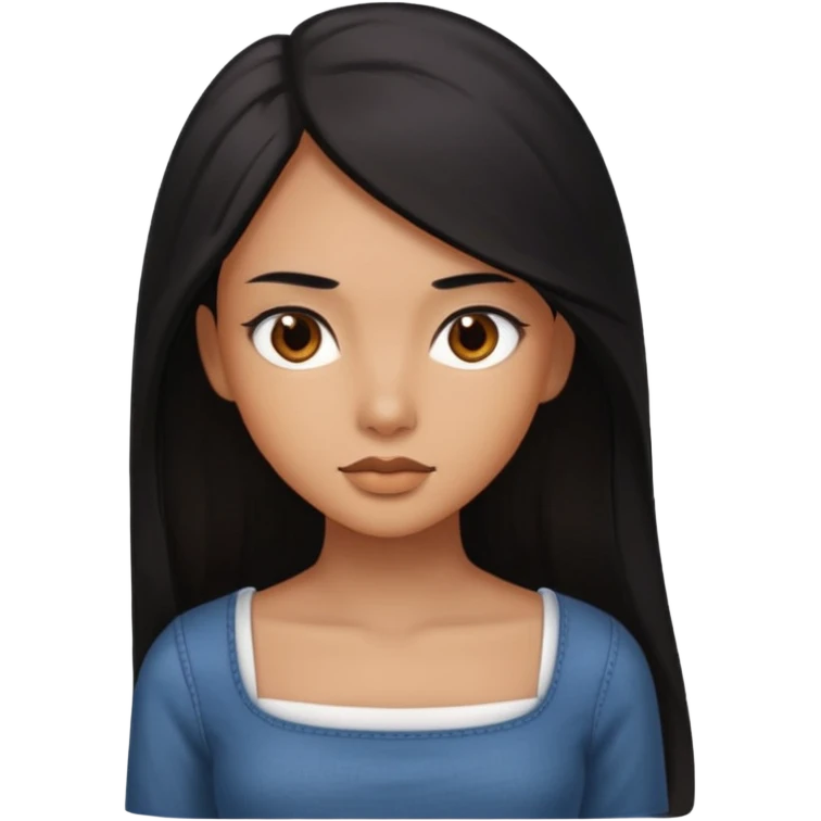 A deep skin girl (deep skin is caramel color not dark) with long black hair swept to the front and a square neckline shirt and brown eyes emoji