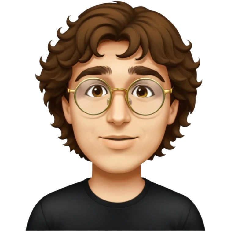 male, round gold glasses, black tshirt, wavy hair emoji