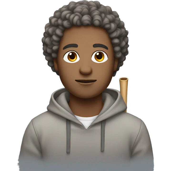 Flute+man with curly hair, wearing a grey hoodie+light brown skin+ emoji