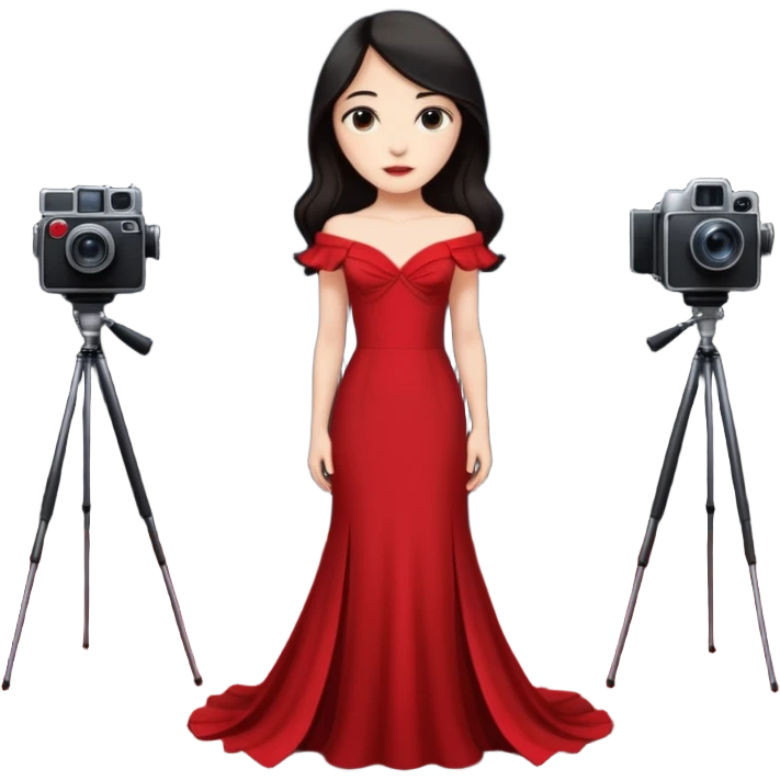 an actress standing on a red carpet with a formal dress, with only one film camera next to her. emoji