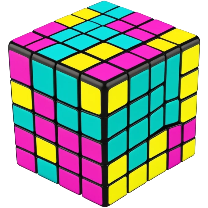 A 3x3 Rubik's Cube with 90s American graffiti-inspired colors, black edges, viewed from an angle, neon yellow, teal, and magenta emoji