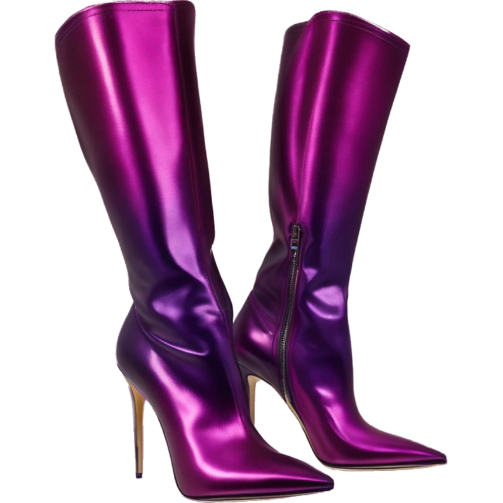 Real isolated top view of a pair of metallic magenta to dark purple ombre Jimmy Choo stiletto ankle bootie boots.  emoji