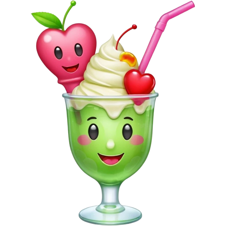 Create an emoji with a clear rounded glass, bright transparent green soda, vanilla ice cream scoop, two red cherries, pink heart-shaped straw, simple shapes, bright colors, glossy, kawaii style, centered, transparent background
 emoji
