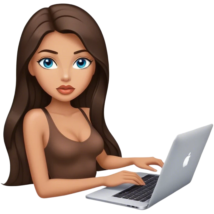Glamours tanned very beautiful girl with big pump peach lips and dark chocolate straight smooth long hair, blue eyes in brown/beige bodysuit with MacBook emoji