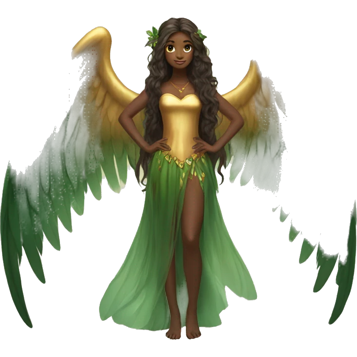 big wings, Beautiful, fairy, gold, brown, dark green, green, long hair emoji
