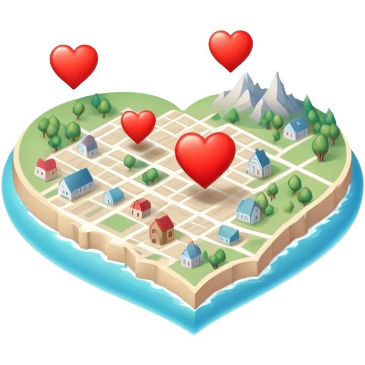 Detailed cartography map with soft ethereal coloring, containing red heart pins marking romantic locations and different symbols for other life experiences emoji