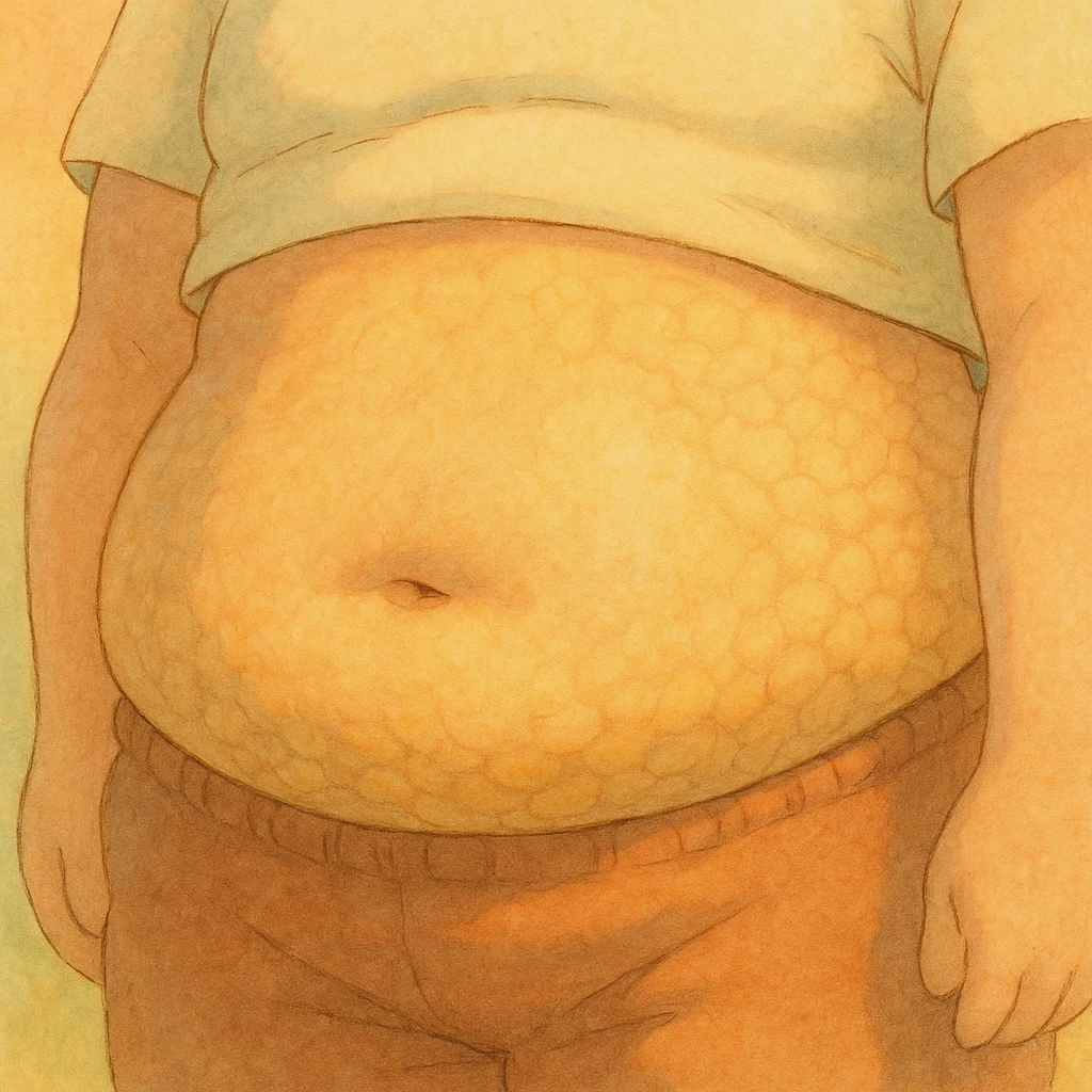 belly with stubborn fat, ghibli style, soft details, warm atmosphere, pastel colors, compact adipocytes emoji