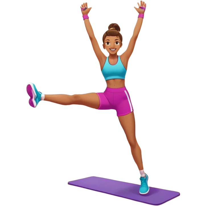 An energetic person performing an aerobics workout in a brightly lit gym, jumping and stretching with enthusiasm. The scene includes vibrant fitness equipment like dumbbells and exercise mats, with a background of cheerful, motivating colors, conveying energy and movement. emoji