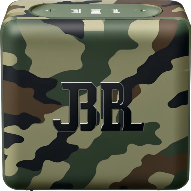 Minimalist JBL Go 4 portable speaker with military camouflage pattern, simple clean design, rectangular shape, subtle JBL logo emoji
