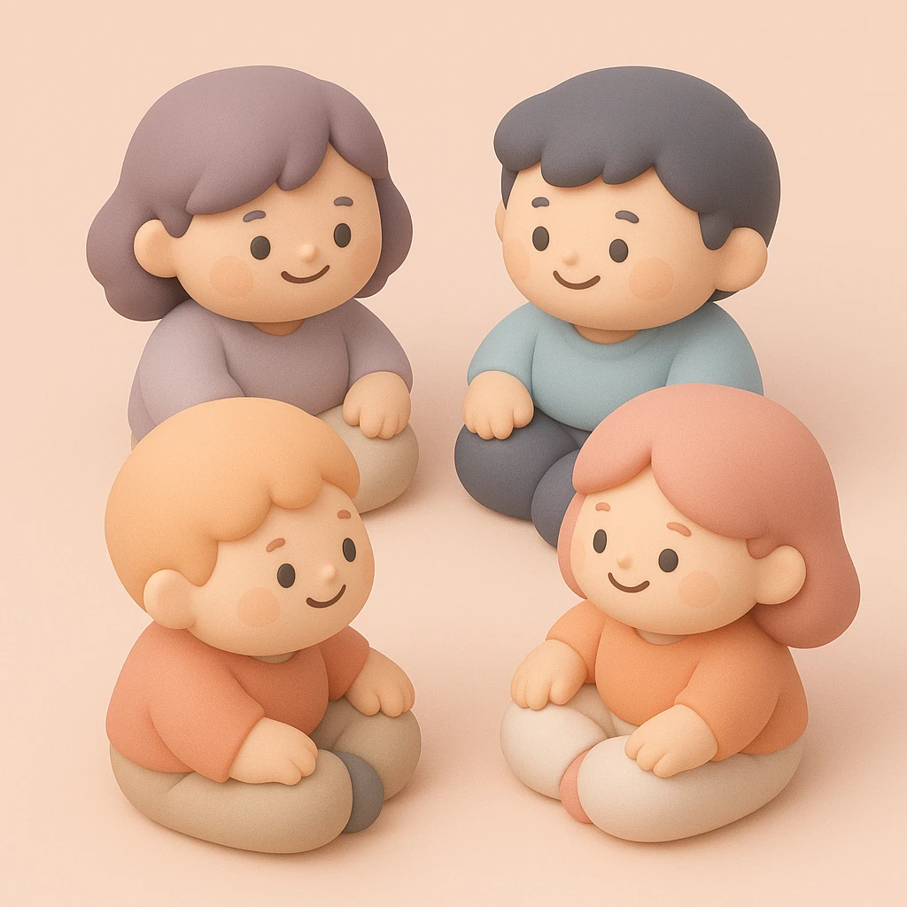 a group of friends sitting in a circle, mochi style, gentle colors, cute and chubby features, smiling faces emoji