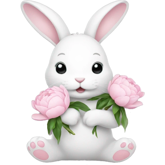 cute white bunny holding light pink peonies emoji