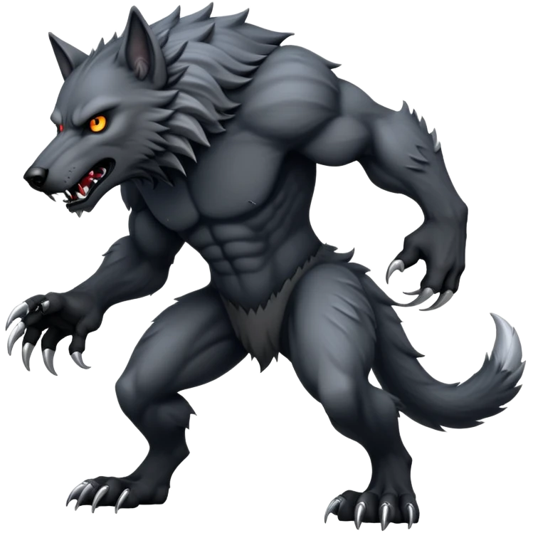 cinematic-noble-fierce-werewolf-full body on all fours-emoji, poised-and-imposing, with a tall, lean, and muscular wolfish frame inspired by the brutal, imposing shape of the beast from Berserk, fur rippling in shades of midnight black and silver, massive paws with razor-sharp claws, elongated limbs and fangs, eyes glowing with an intense, primal ferocity, reflecting the untamed power of the wild moonlit night; rendered with realism like a wolf emoji