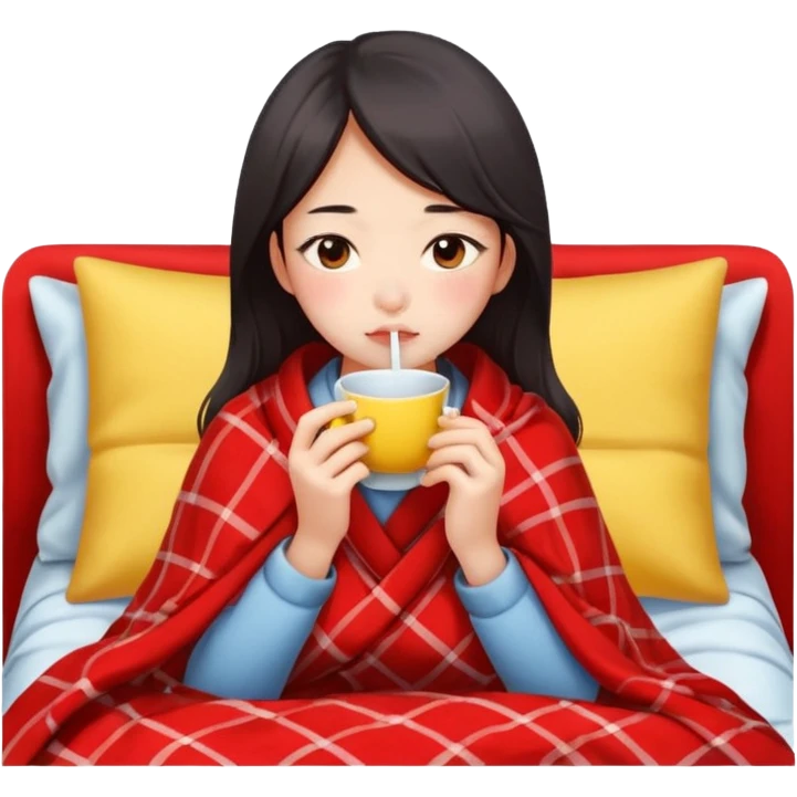 cute and sexy chinese girl, feeling sick up, nose and cheecks red by blush, covered by blanket, drinking tea with lemon emoji
